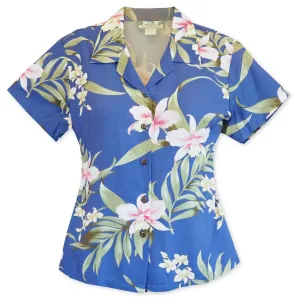 bamboo orchid blue hawaiian lady blouse