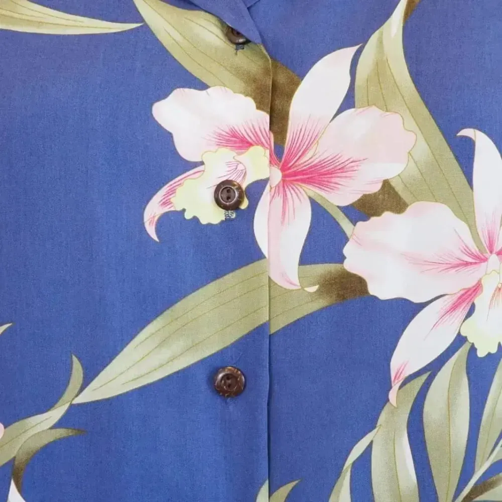 bamboo orchid blue hawaiian lady blouse