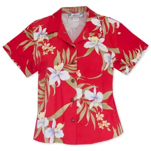 bamboo orchid red hawaiian lady blouse