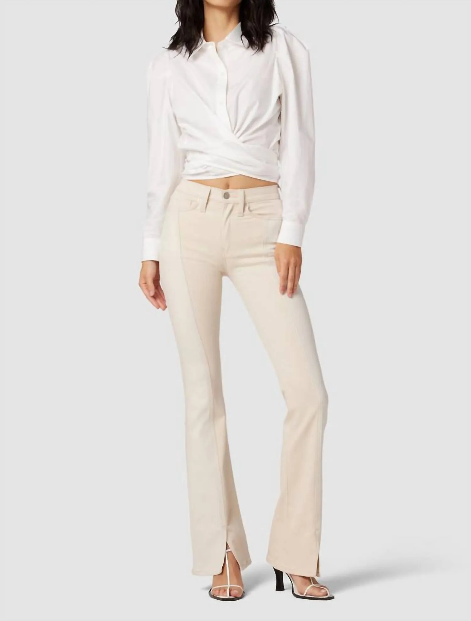 Barbara High-Rise Bootcut Slit Hem Jean In Ecru Colorblock