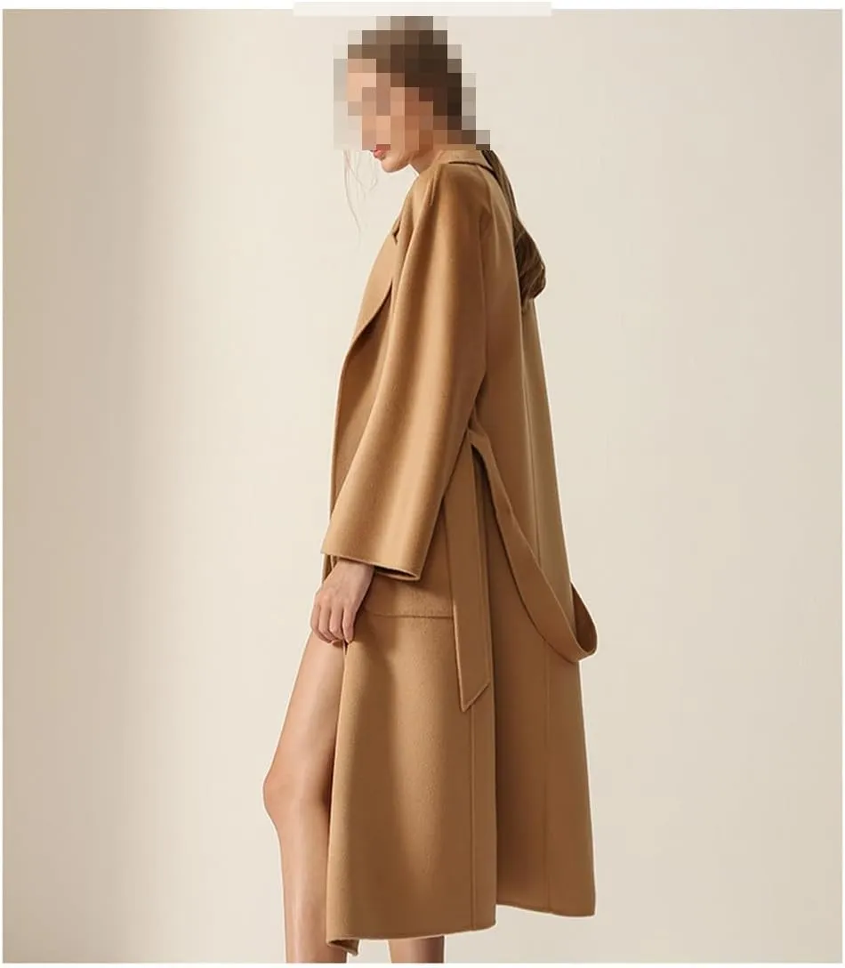 Bciopll Women Wool Blend Handmade Wool Women Belts Two Pockets Long Coat Office Wool Winter Overcoat