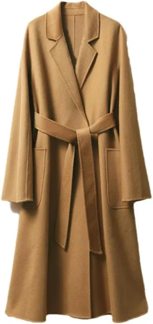 Bciopll Women Wool Blend Handmade Wool Women Belts Two Pockets Long Coat Office Wool Winter Overcoat