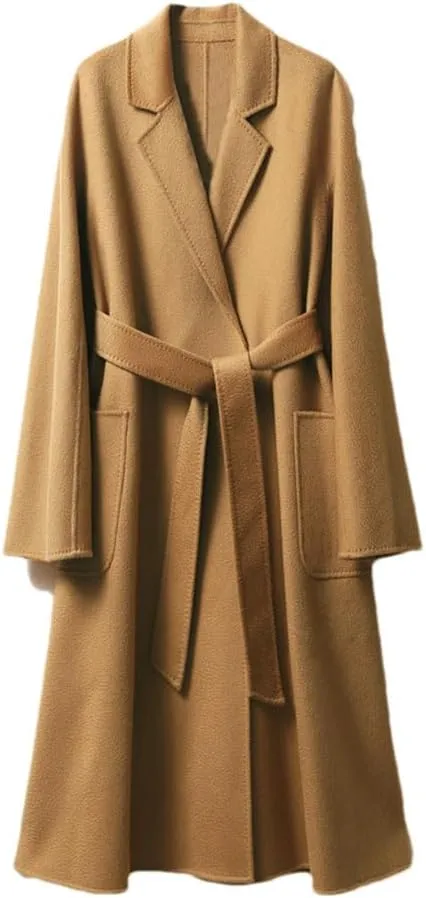 Bciopll Women Wool Blend Handmade Wool Women Belts Two Pockets Long Coat Office Wool Winter Overcoat