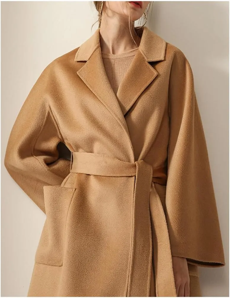Bciopll Women Wool Blend Handmade Wool Women Belts Two Pockets Long Coat Office Wool Winter Overcoat