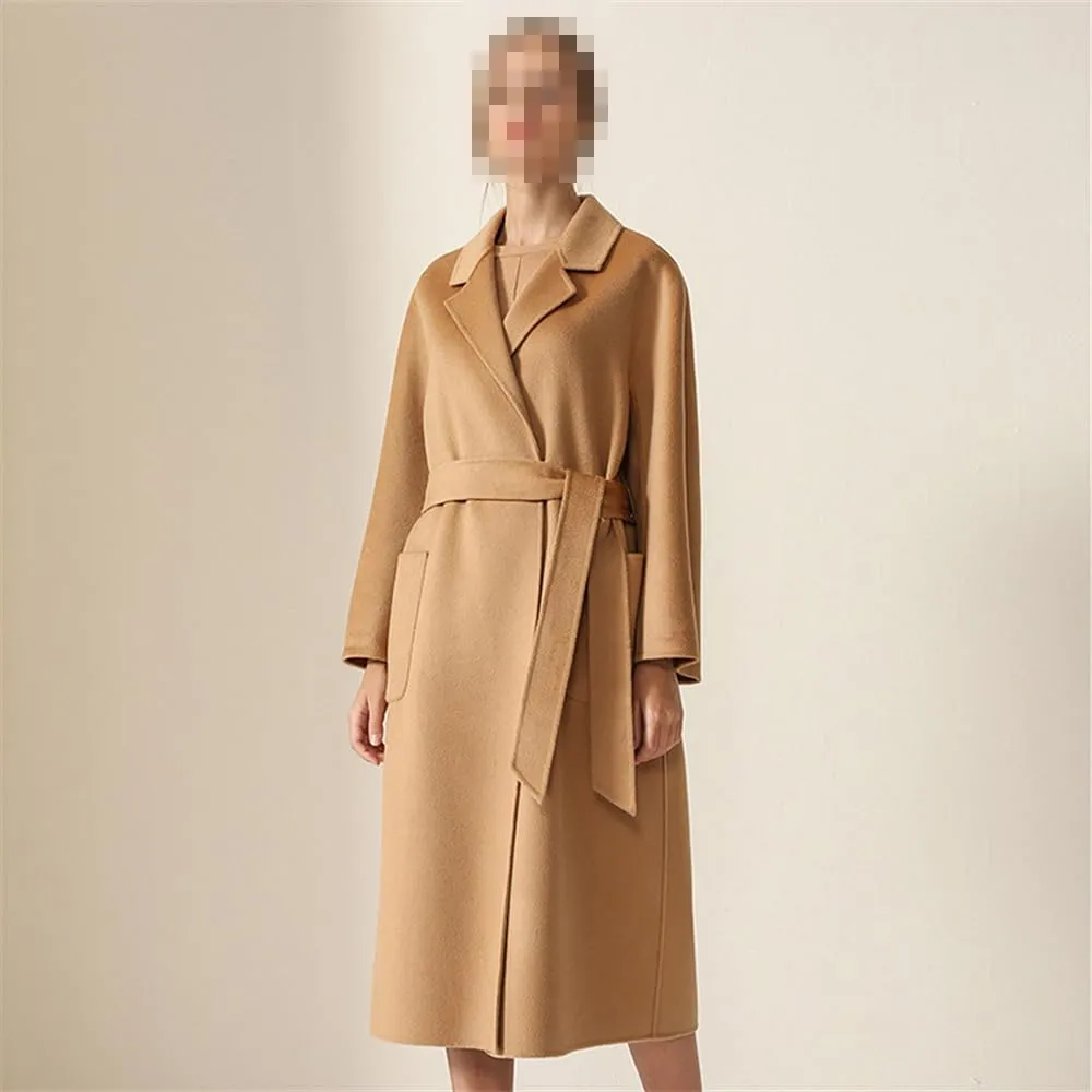 Bciopll Women Wool Blend Handmade Wool Women Belts Two Pockets Long Coat Office Wool Winter Overcoat