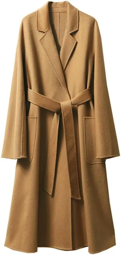 Bciopll Women Wool Blend Handmade Wool Women Belts Two Pockets Long Coat Office Wool Winter Overcoat