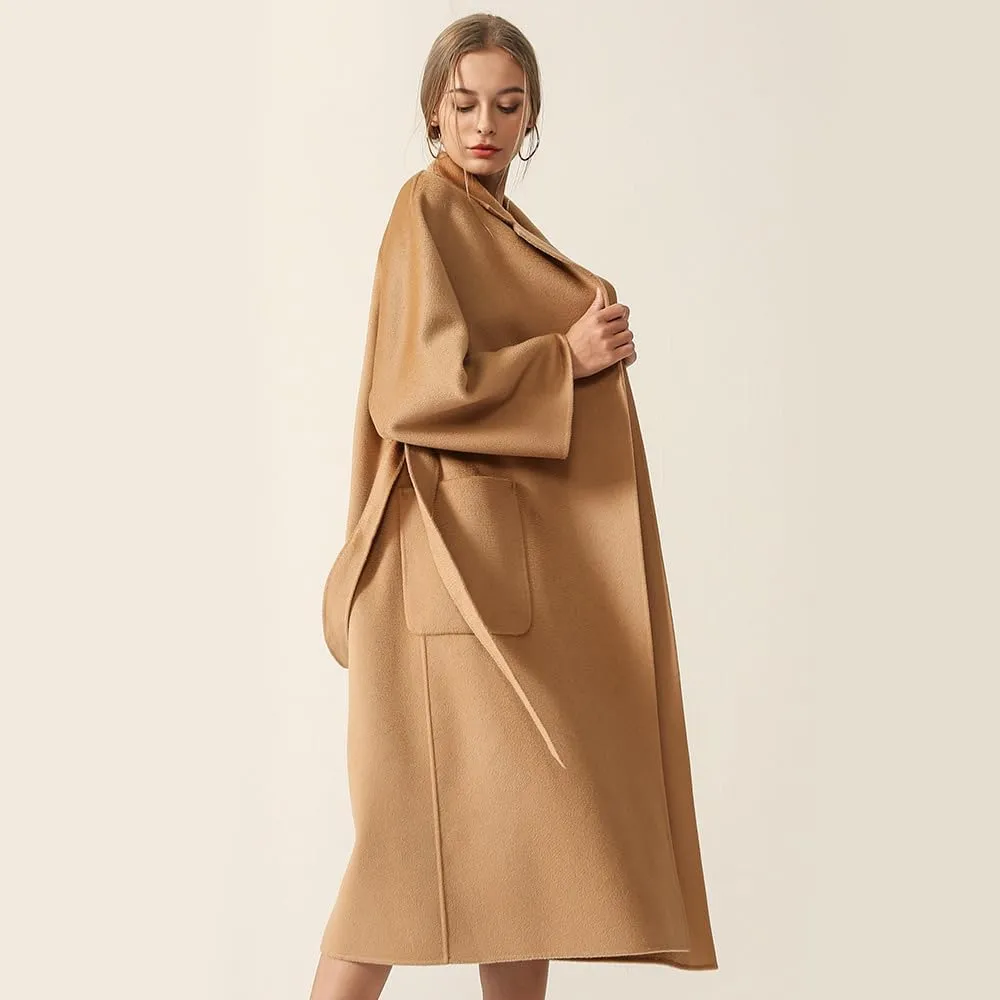 Bciopll Women Wool Blend Handmade Wool Women Belts Two Pockets Long Coat Office Wool Winter Overcoat