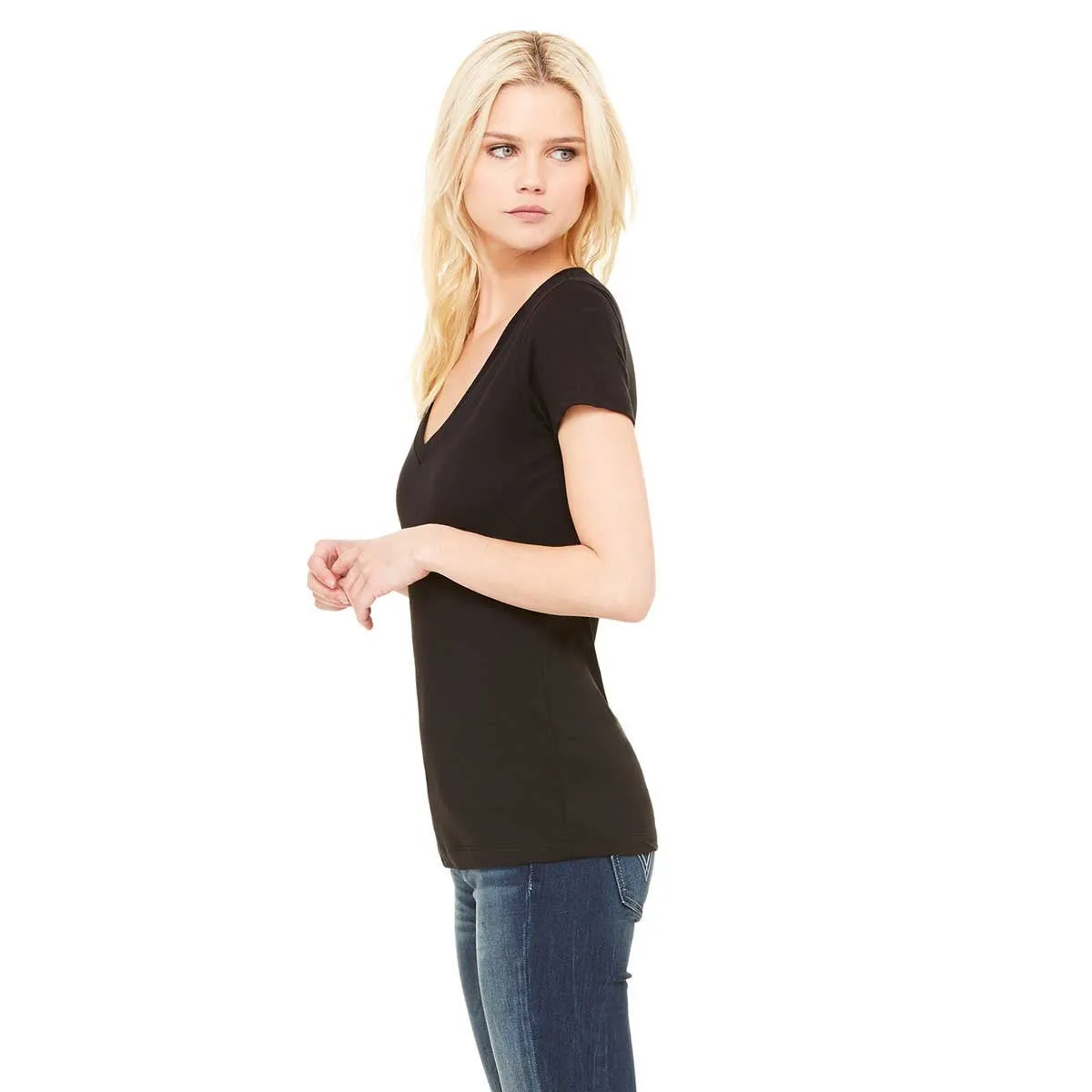 Bella   Canvas Women's Black Jersey Short-Sleeve Deep V-Neck T-Shirt