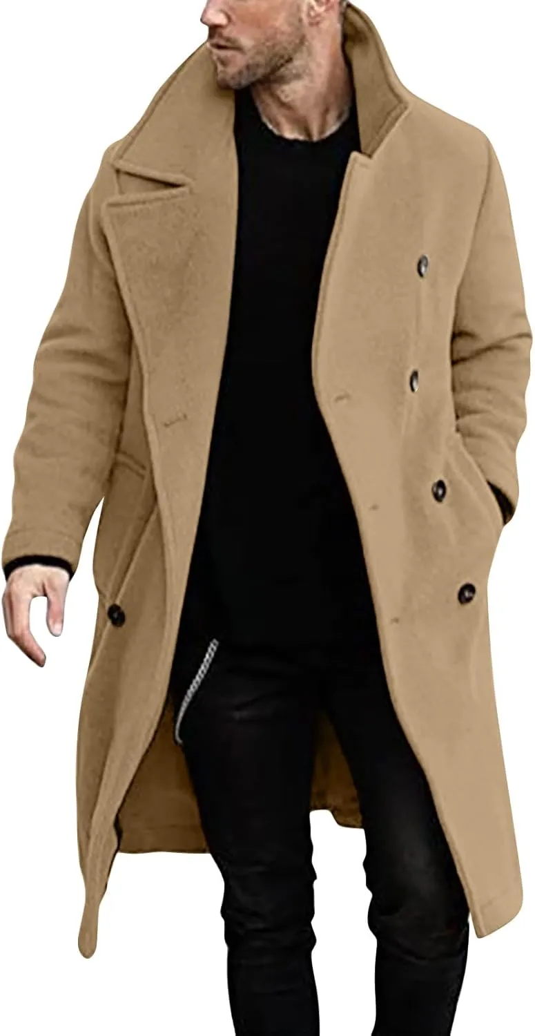 BIFUTON Mens Trench Coat,Mens Trench Coat Wool Blend Pea Coat Winter Long Double Breasted Oversized Stylish Business Overcoat
