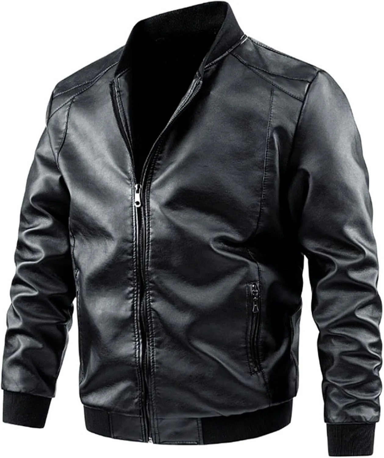 Black Leather Jacket Men Solid Color Zip PU Leather Jacket Short Lapel Motorcycle Leather Leather Motorcycle Jacket