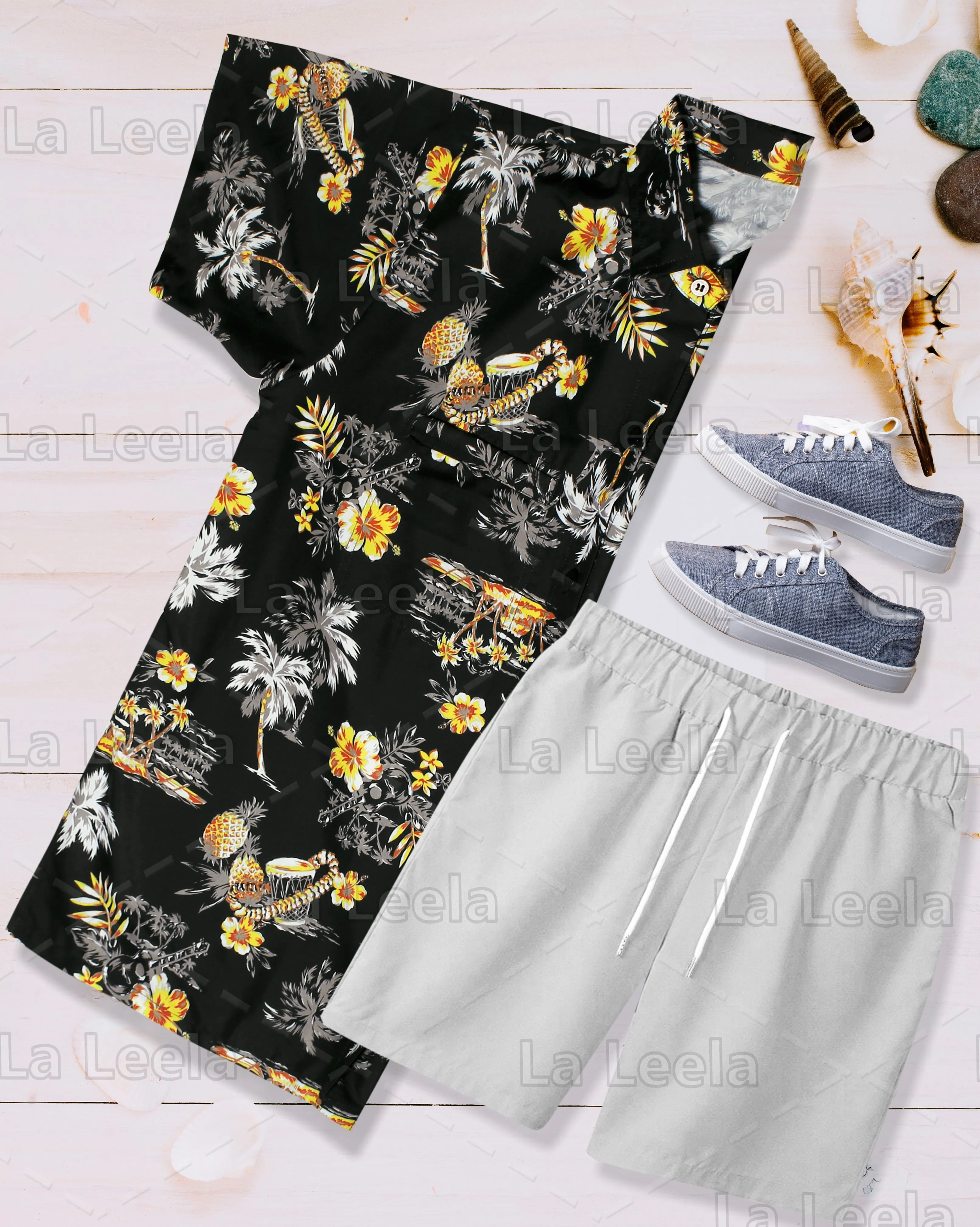 Black Pineapple and Floral Palm Tree Printed Hawaiian Beach Shirt For Men