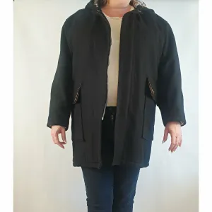 Black wool or wool mix feel coat with hood, front pockets and gingham lining - fits size 16