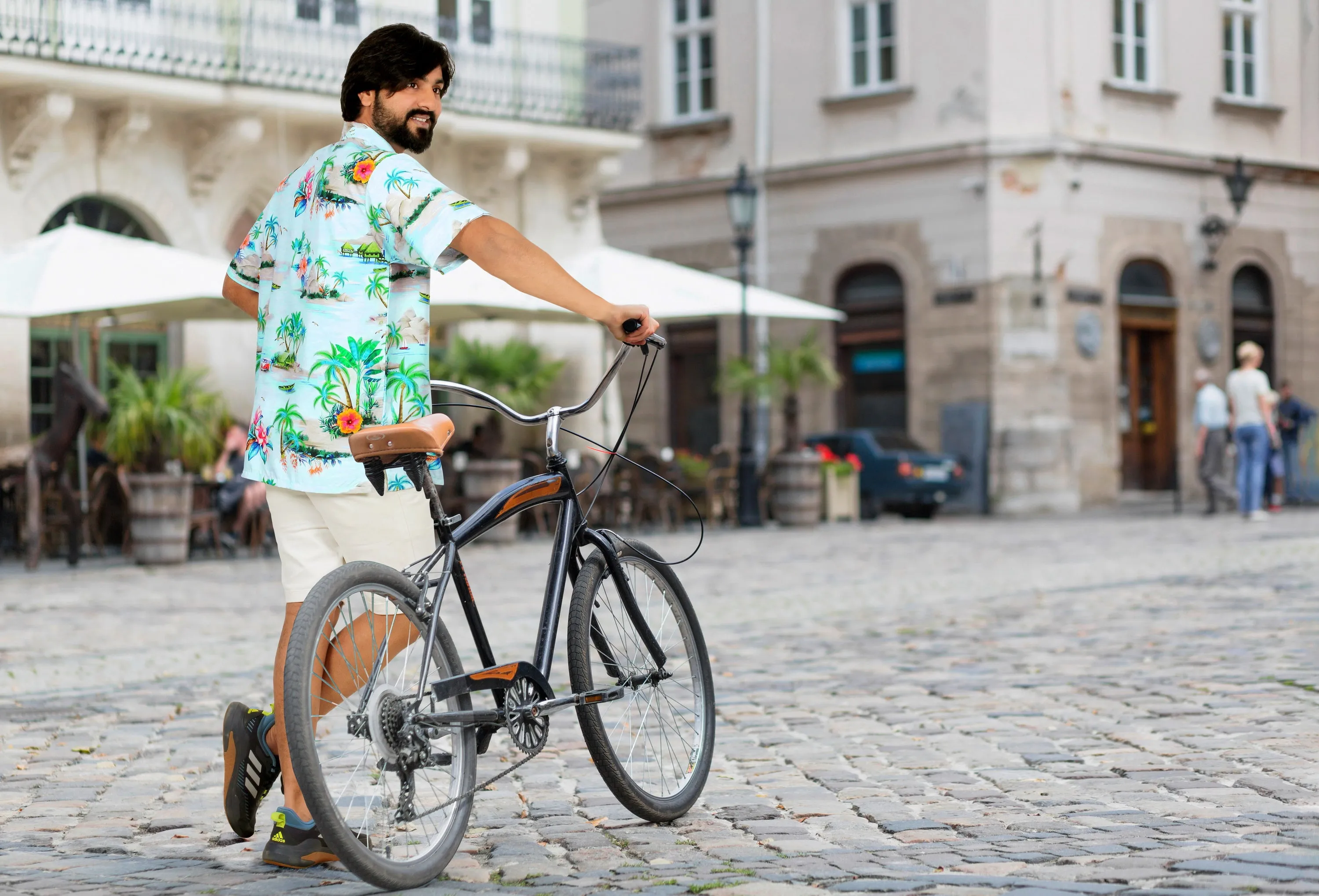 Blue Island Floral and Boat Printed Hawaiian Beach Shirt For Men