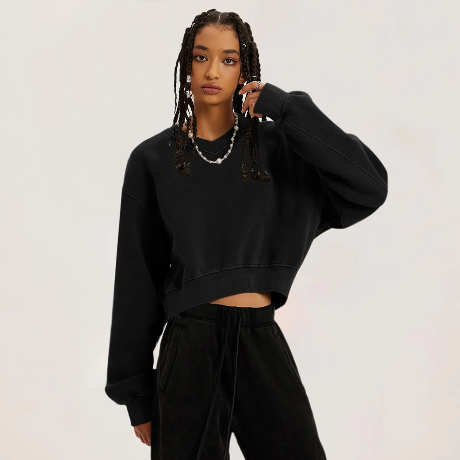 Bobeutou Womens V Neck Cropped Sweatshirt Long Sleeve Crop Pullover Fleece Hoodie Fall Fashion Athletic Workout Crop Tops