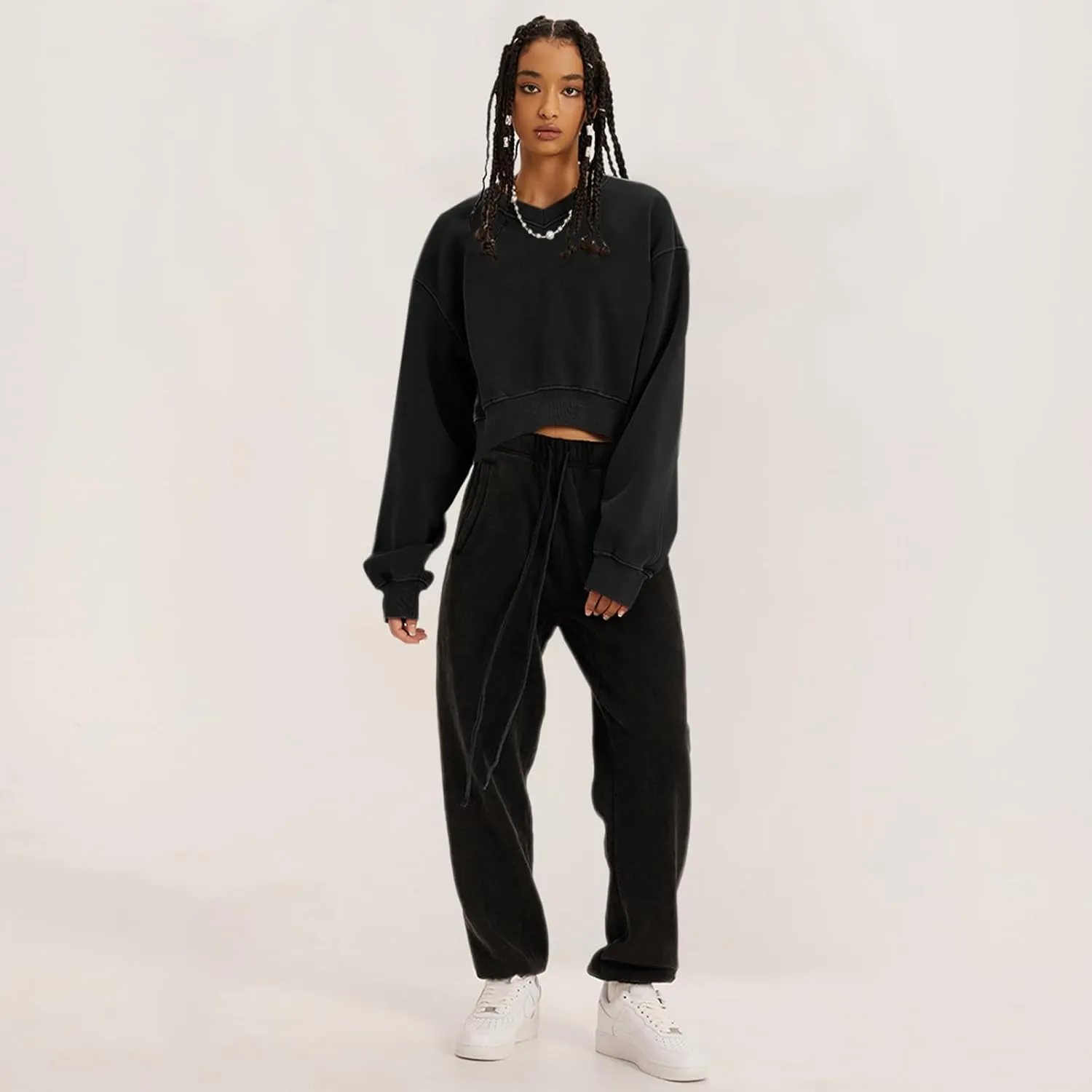 Bobeutou Womens V Neck Cropped Sweatshirt Long Sleeve Crop Pullover Fleece Hoodie Fall Fashion Athletic Workout Crop Tops
