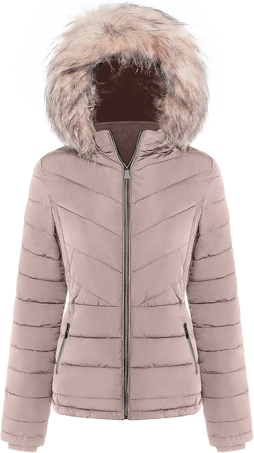 BodiLove Women's Fur Hooded Utility Jacket with Zipper and Flannel Lining Camel L