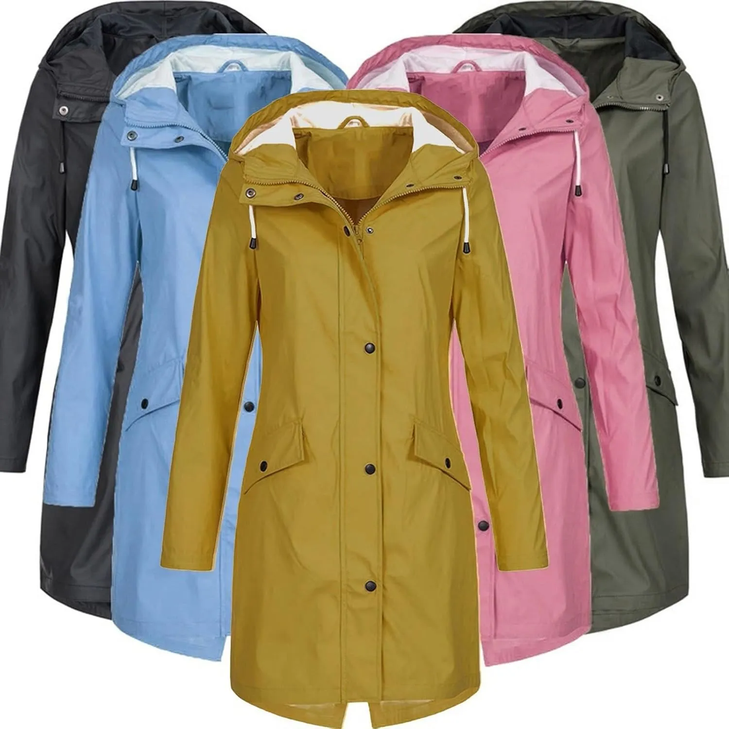 BOXIACEY Women Packable Rain Jacket Waterproof Lightweight Raincoat Hooded Lightweight Windbreaker Long Trench Raincoat