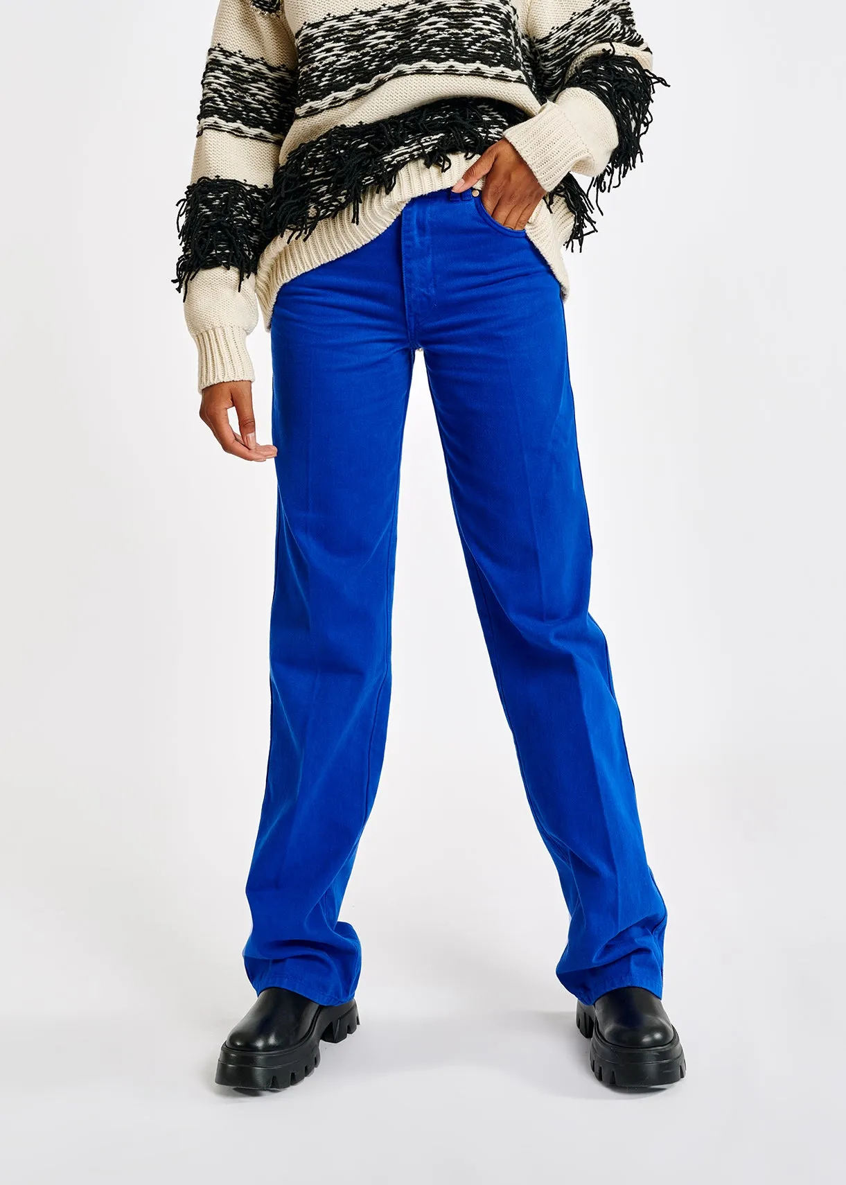 Bright blue flared-leg jeans