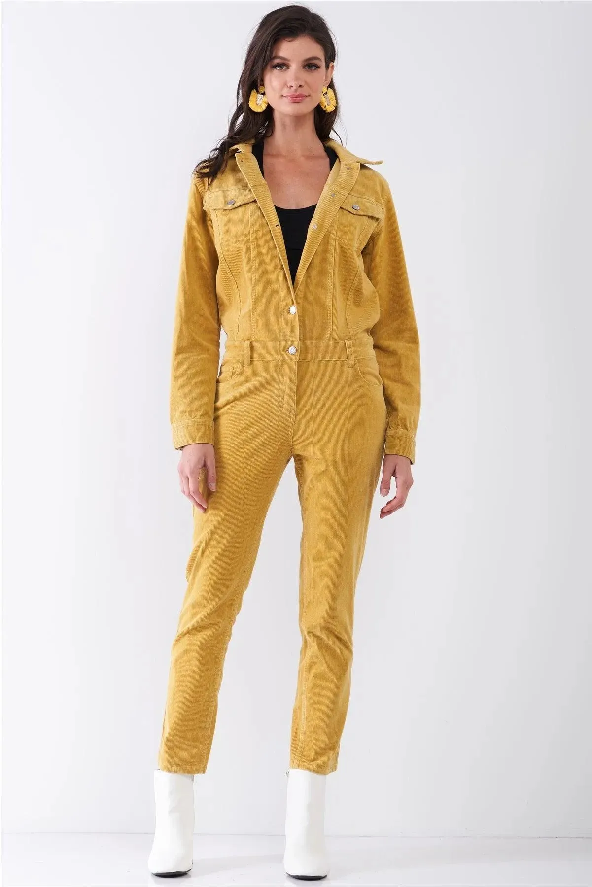 Bumblebee Yellow Corduroy Long Sleeve Button-Down Front Urban Utility Jumpsuit / 4-1-1