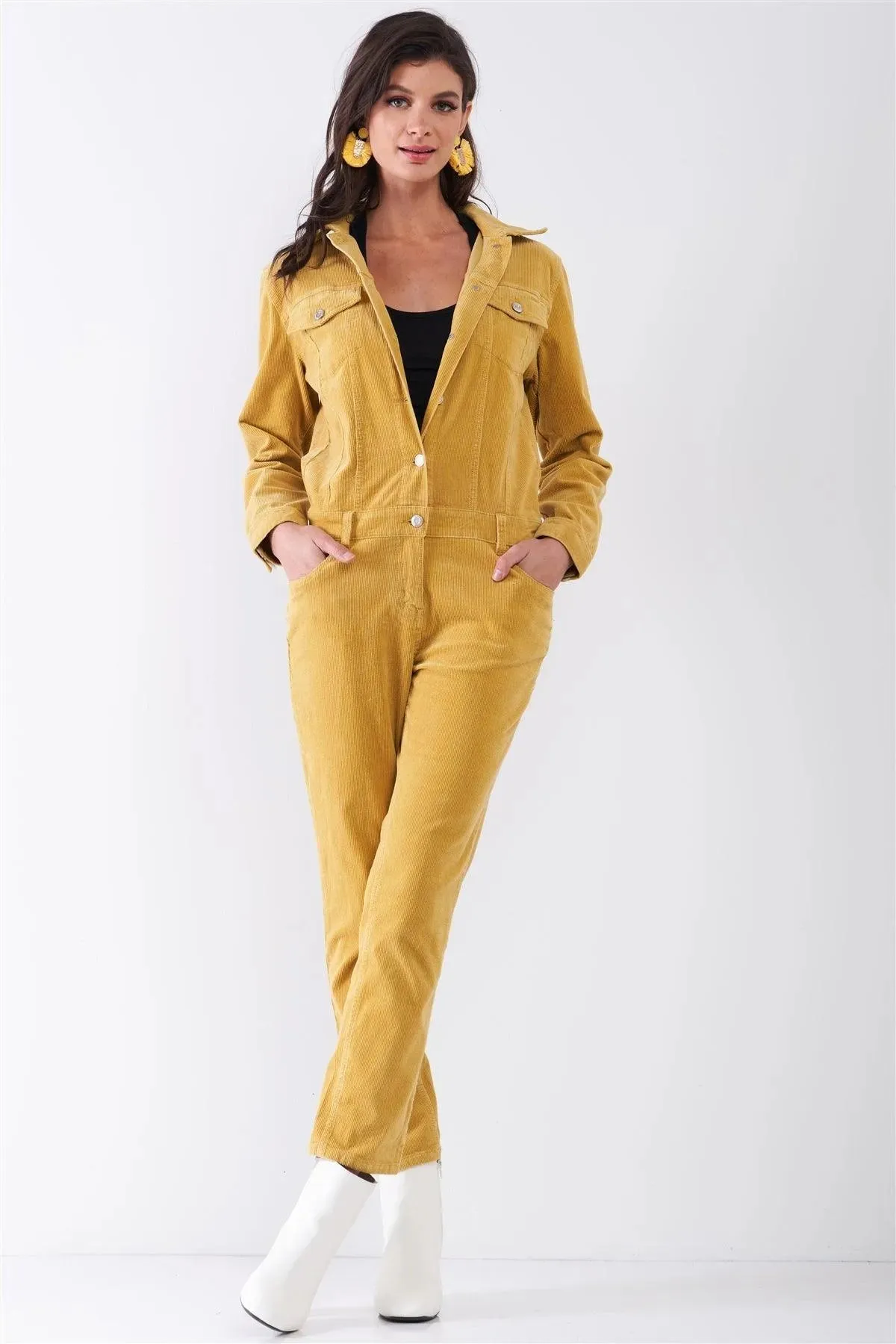Bumblebee Yellow Corduroy Long Sleeve Button-Down Front Urban Utility Jumpsuit / 4-1-1