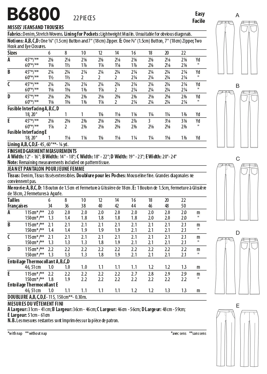 Butterick Pattern B6800 Misses  Jean & Trouser
