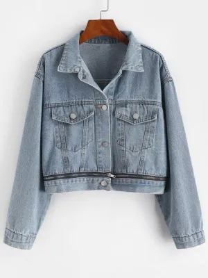Button Up Zippered Hem Denim Jacket