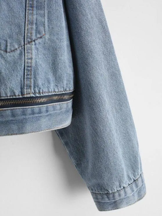 Button Up Zippered Hem Denim Jacket