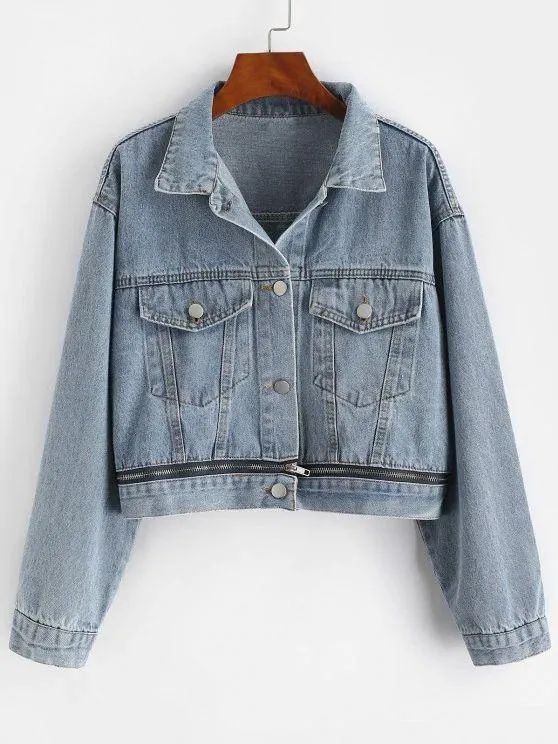 Button Up Zippered Hem Denim Jacket