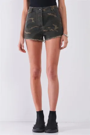 Camo High-Waisted Raw Hem Side Velvet Stripes Shorts /1-2-2-1