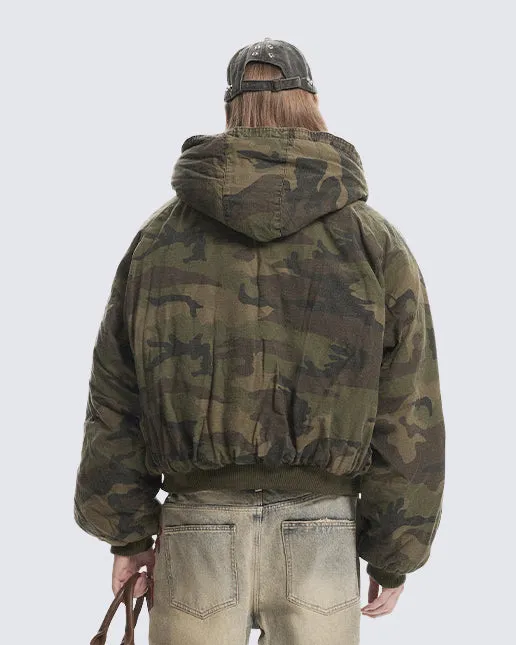Camouflage Fleece-Lined Hooded Jacket