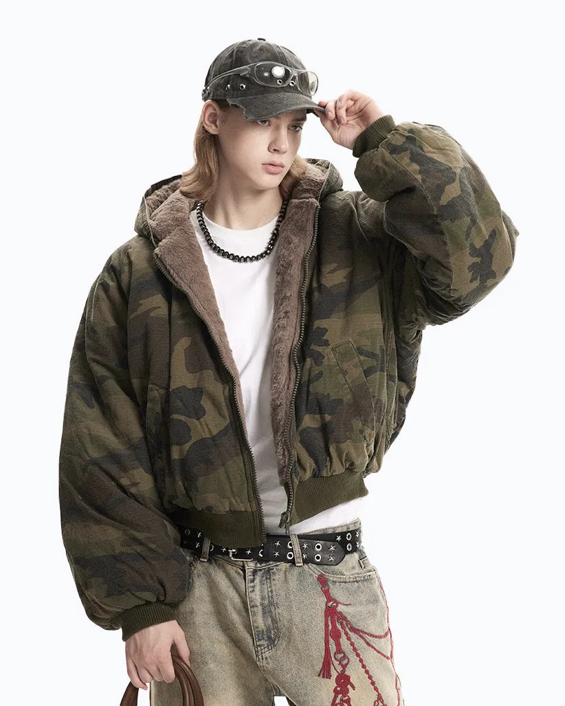 Camouflage Fleece-Lined Hooded Jacket