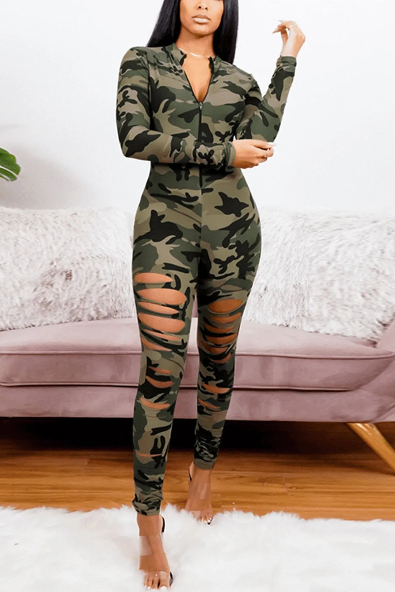 Camouflage Zipper Cutout Jumpsuits
