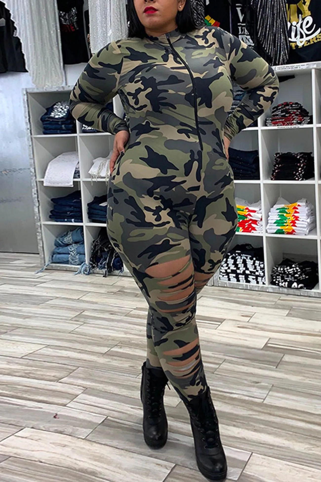 Camouflage Zipper Cutout Jumpsuits