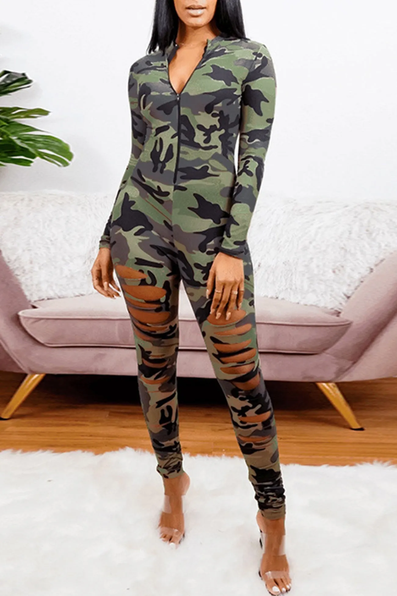 Camouflage Zipper Cutout Jumpsuits