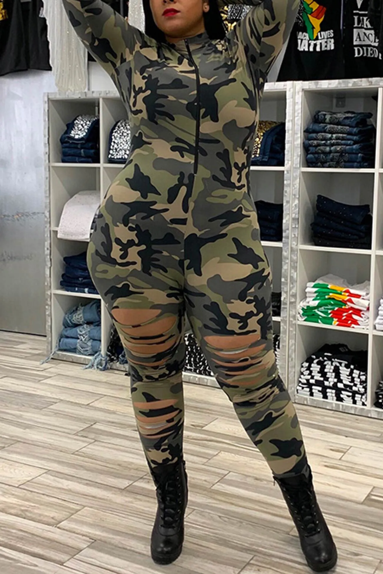 Camouflage Zipper Cutout Jumpsuits