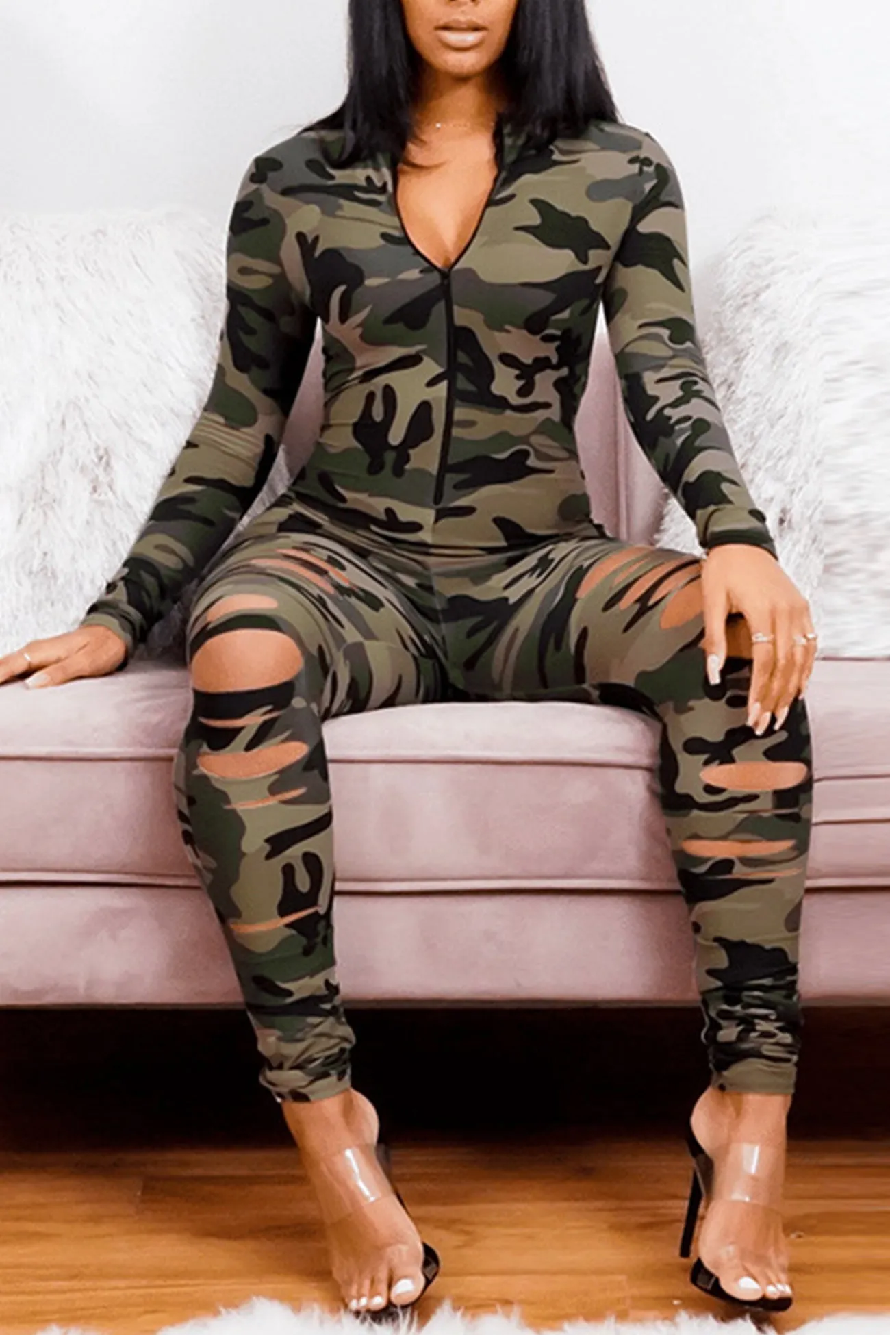 Camouflage Zipper Cutout Jumpsuits