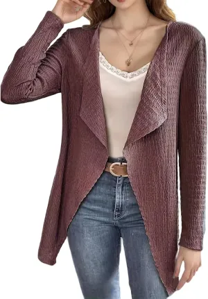Cardigan for Women Open Front Lightweight Tops Casual Long Sleeve Outerwear Classic Pleated Textured Lapel Coat