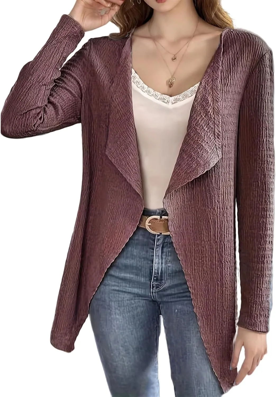 Cardigan for Women Open Front Lightweight Tops Casual Long Sleeve Outerwear Classic Pleated Textured Lapel Coat