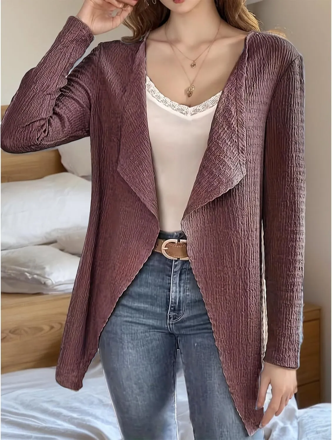 Cardigan for Women Open Front Lightweight Tops Casual Long Sleeve Outerwear Classic Pleated Textured Lapel Coat