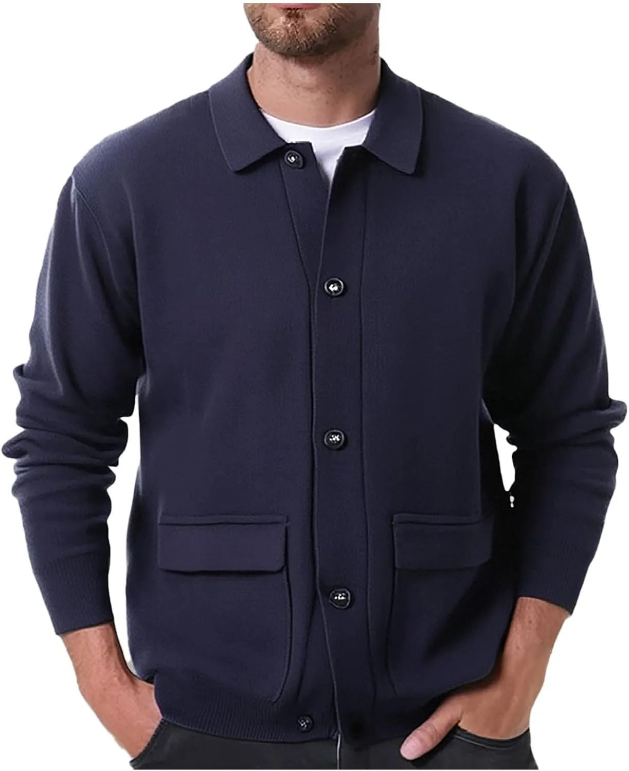 Cardigan Sweater for Men Long Sleeve Knitted Cardigan Button Down Sweater Lapel Collar Casual Outerwear Cardigan Tops
