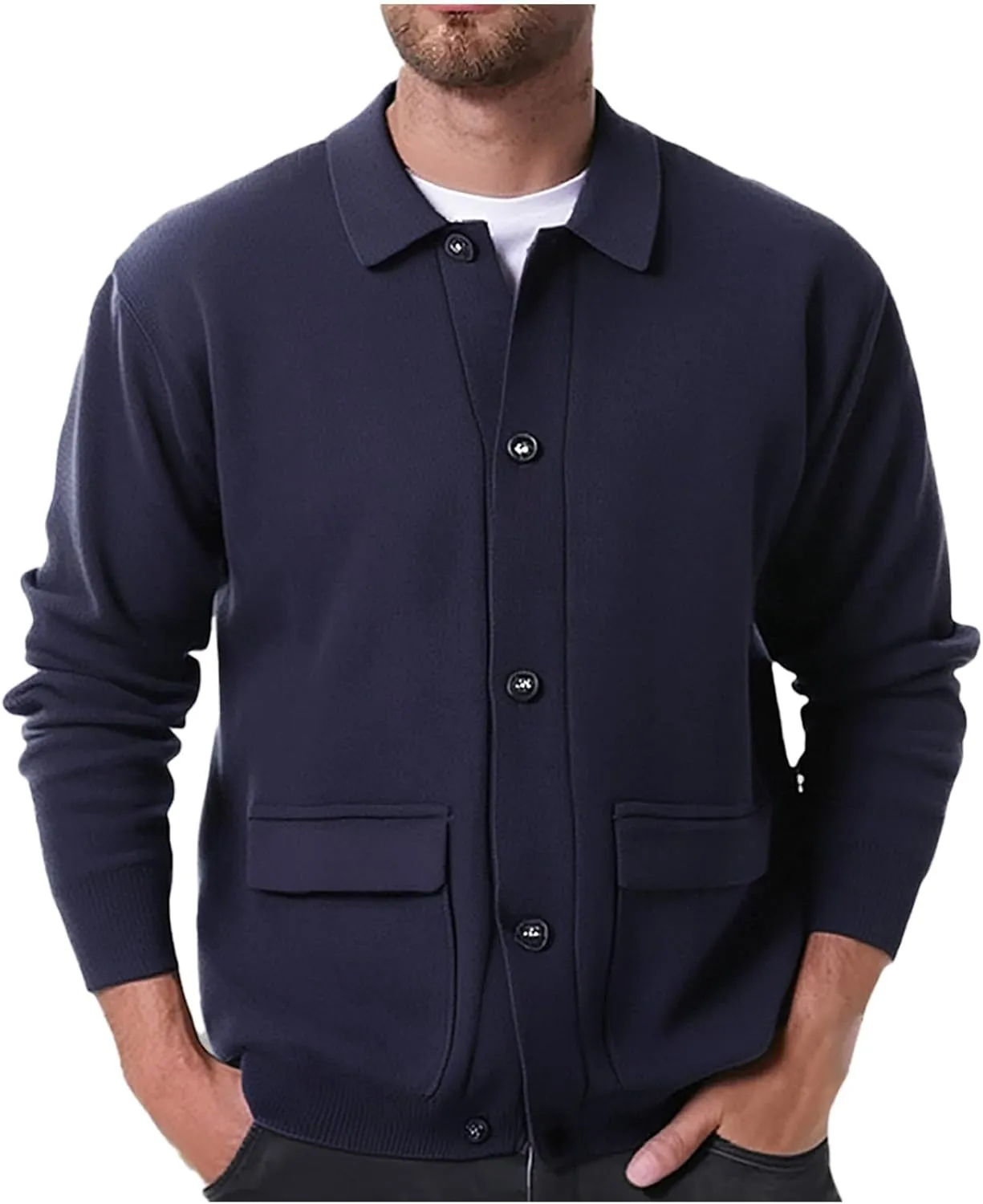 Cardigan Sweater for Men Long Sleeve Knitted Cardigan Button Down Sweater Lapel Collar Casual Outerwear Cardigan Tops