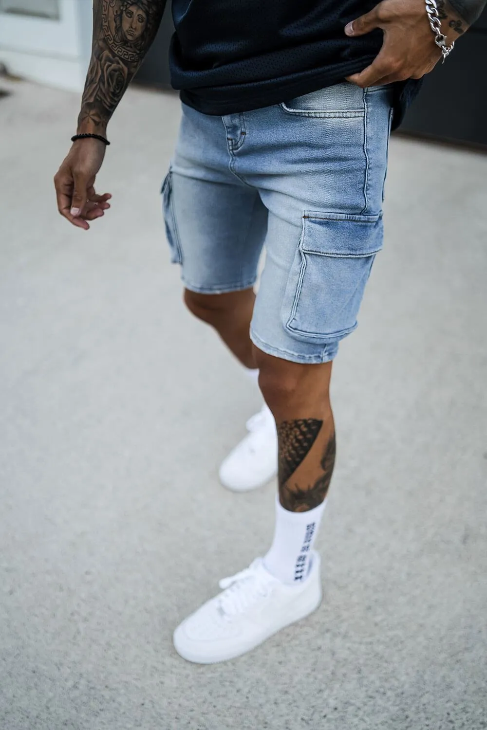 Cargo Utility Denim Shorts - Light Blue
