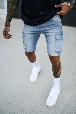 Cargo Utility Denim Shorts - Light Blue