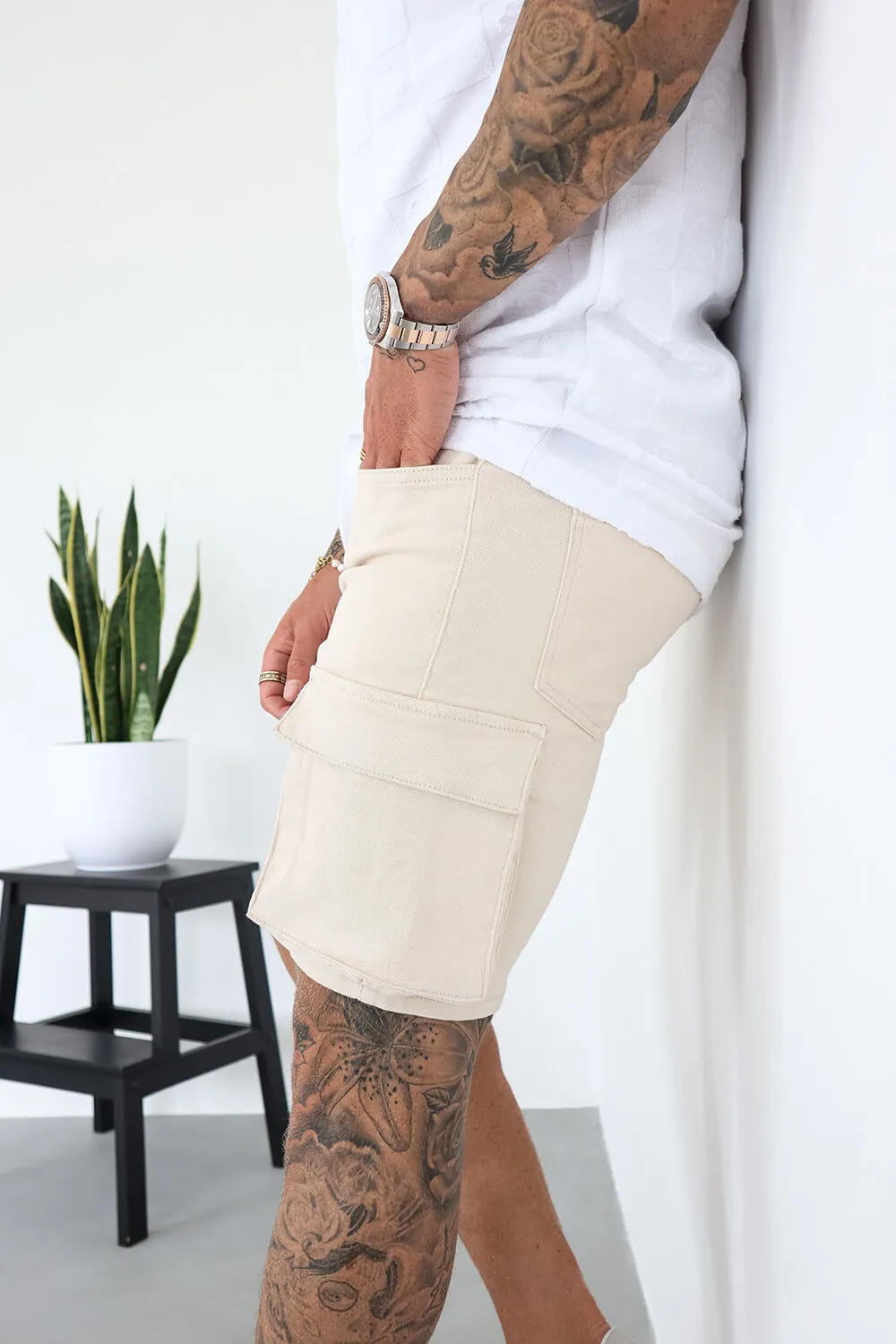 Cargo Utility Denim Shorts - Sand