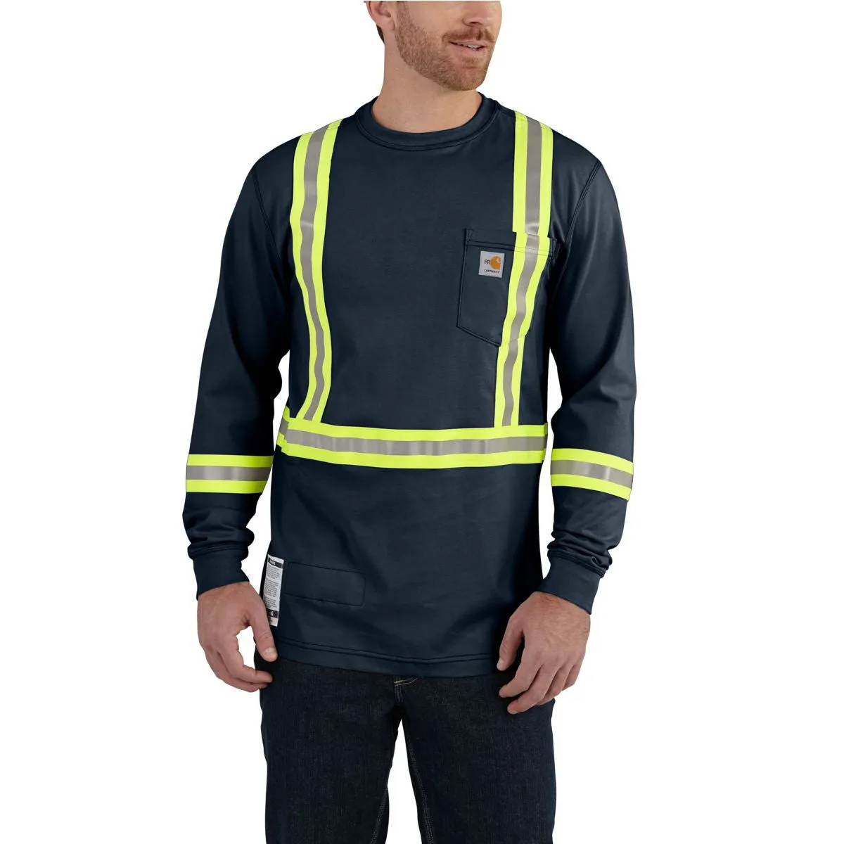 Carhartt Men's Dark Navy Flame-Resistant Striped Force Cotton Long Sleeve T-Shirt