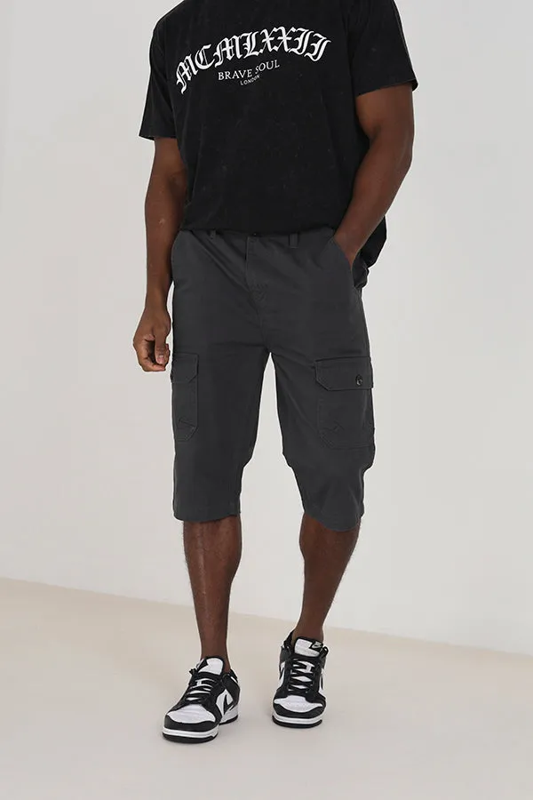 CHARCOAL POCKET DETAIL 3/4 LENGTH CARGO SHORTS