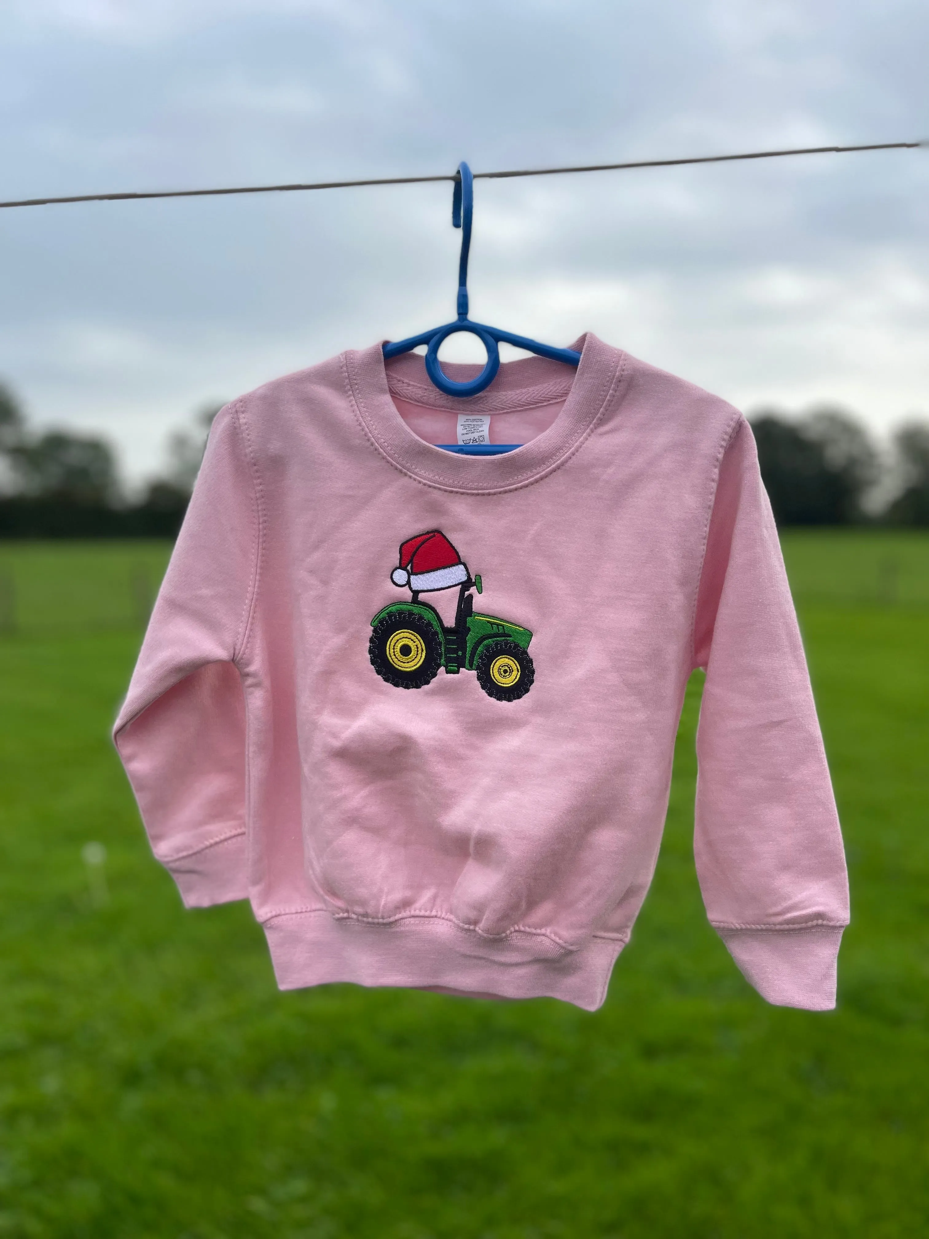 Christmas Sweatshirt Embroidered With Tractor Santa Hat Design