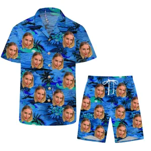 Classic Blue Shirt Men's Custom Suit Short Sleeve Hawaiian Shirt & Shorts Beach/Pool/Summer Party Wear
