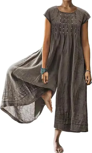 Costaric Women's Loose Wide Leg Jumpsuits Cotton Linen Casual Summer Short Sleeve Long Pants Rompers