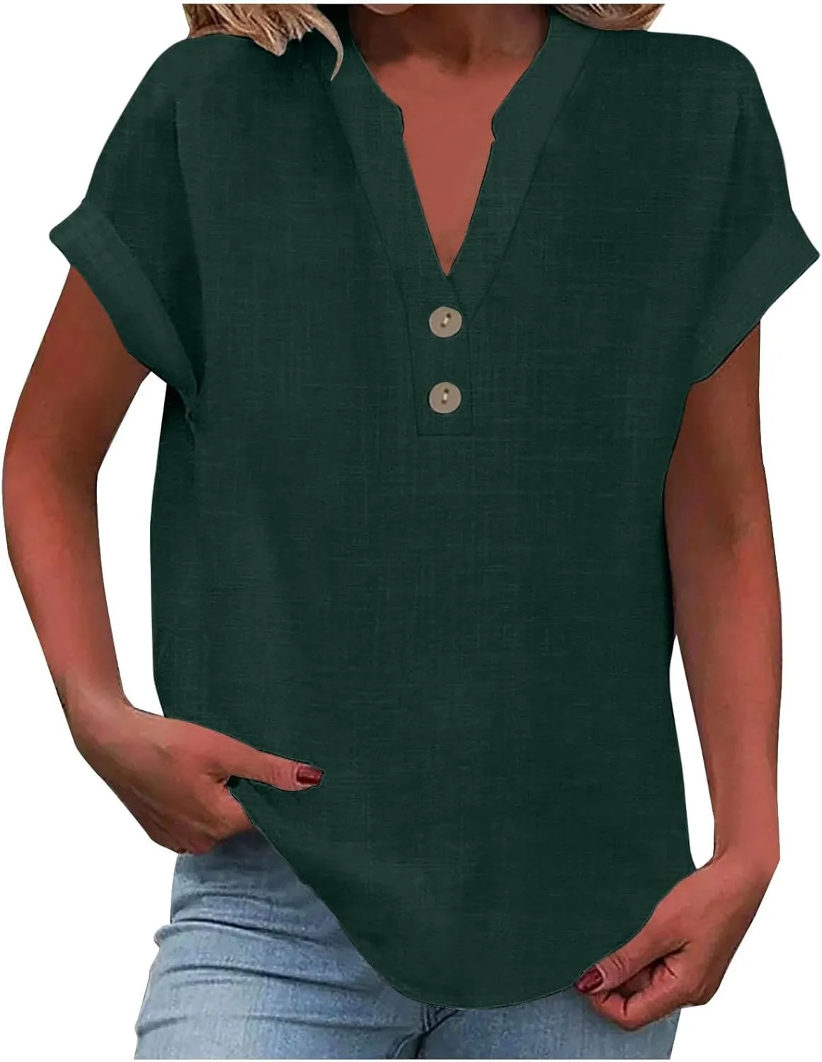 Cotton Linen Shirt for Women 2025 Trendy Short Sleeve Summer Blouse Button Down V Neck Tops Casual Vacation Tee Shirts